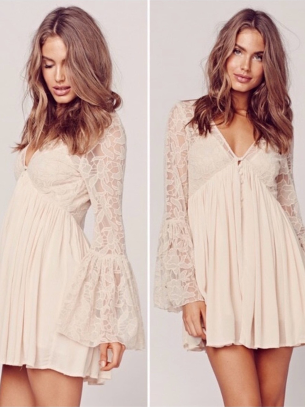 Free People with love tunic dress featuring sheer floral lace yoke Sz XS